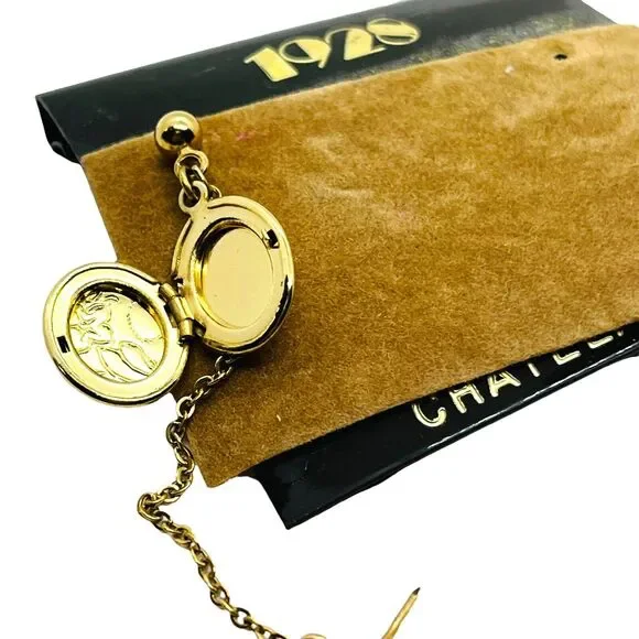 Chatelaine Locket Brooch Pin Vintage 1928 Womens Gold Tone Round Link Chain Mini - Picture 2 of 13